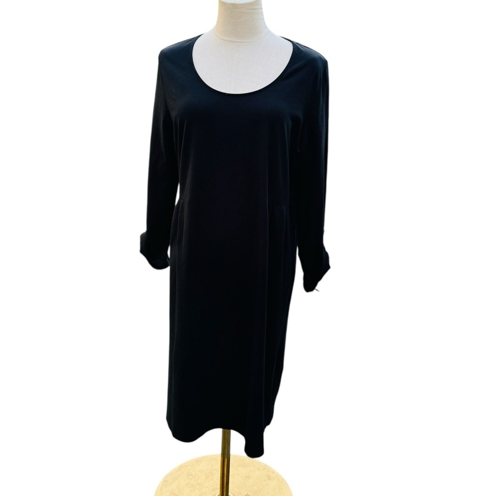J. Jill‎ Black Stretch Knit Long Sleeve Scoop Neck Midi Dress Size M Roll Tab